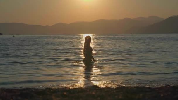 一个身材苗条的女孩在海滨被美丽的夕阳西下的波浪映衬的轮廓 — 图库视频影像