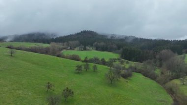 Sisteki dağların arka planına karşı yeşil bir tarlada pürüzsüz bir dron uçuşu görüntüsü.