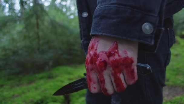 Człowiek Zakrwawionym Nożem Lesie — Wideo stockowe
