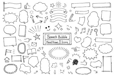 Çizgi film ve çizgi roman için çizilmiş çizgileri olan el çizimi konuşma baloncukları vektör simgesi kümesi