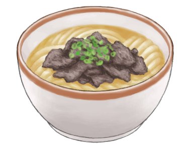 Biftek udon veya niku udon eriştesinin renkli çizimi