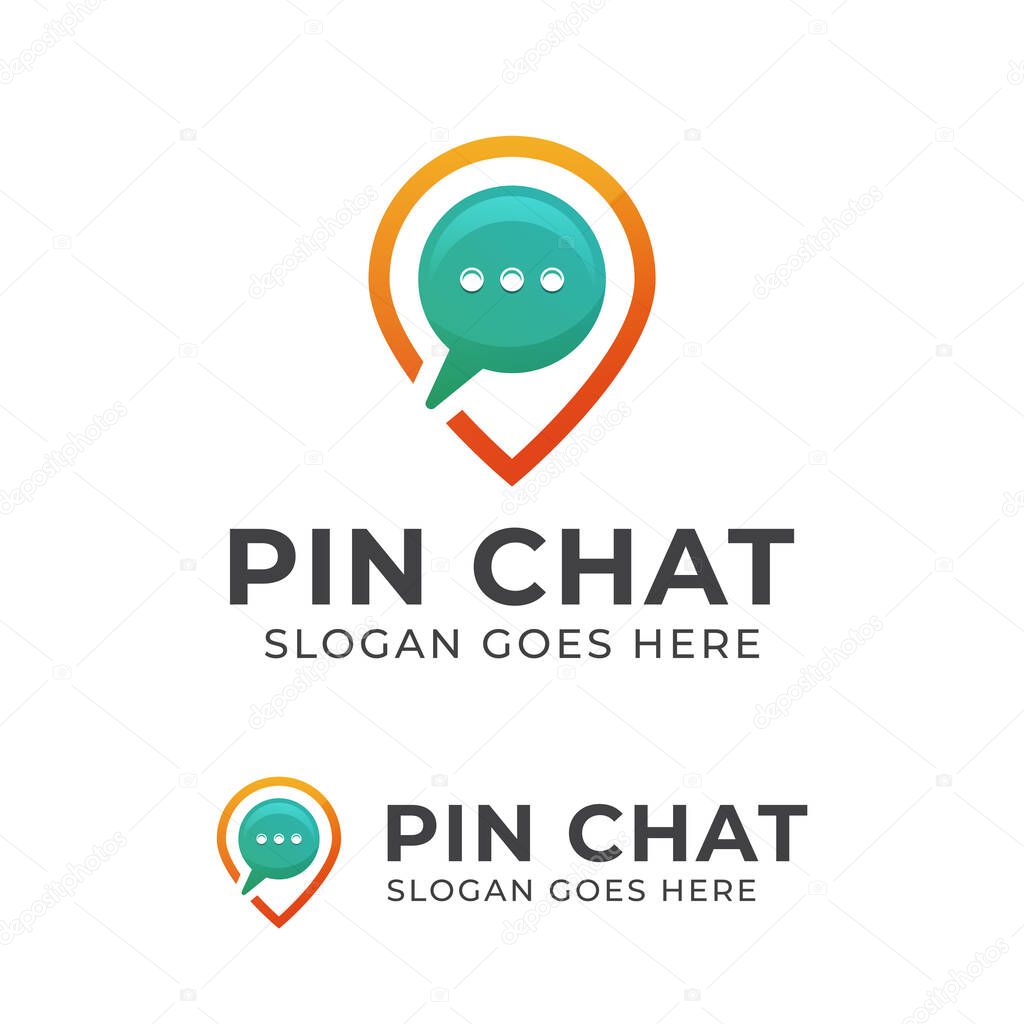 Modern logo design of Chat bubble pin with map symbol icon illustration