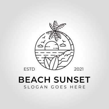 Beach Sunset 'in çizgi sanat logoları, yaz titreşimleri tatil logosu mono çizgisi illüstrasyonu