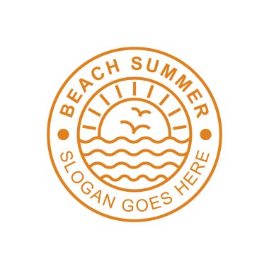 Gündoğumu logosu olan plaj logosu, yaz tatili logosu tasarımı ve sanat logosu sürümü.