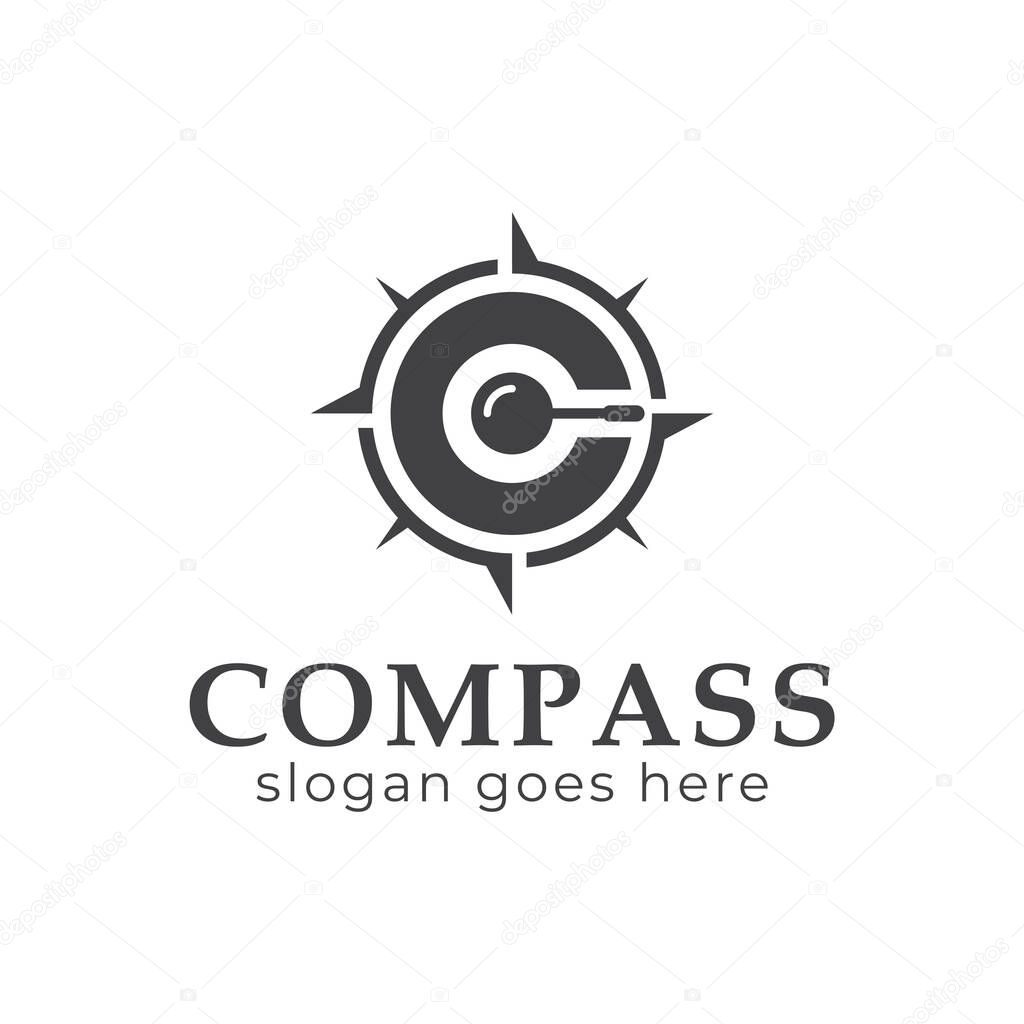 Letter C compass logo design for adventure direction the explorer with magnifying glass symbol