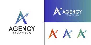 Seyahat acentası logo tasarımı için ok düzlemi ya da roket fırlatma ile ilk harf A 'nın modern logoları