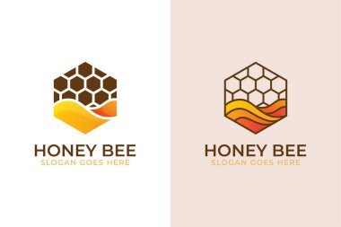 Tatlı bal arısı logosuna sahip modern altıgen, bal etiketleri, ürünler, yiyecek, tatlı sembol iki versiyon
