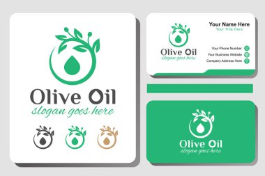 Zeytin ağacı ve yağ damlası logosu güzellik salonu, kozmetik, yoga ve bitki özü ürün kimlik kartı tasarımı için.