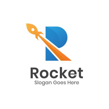 Uzay gemisi fırlatma ikonu sembolü olan roket logosu tasarımı için ilk harf R astronomi, seyahat, teknoloji başlatma