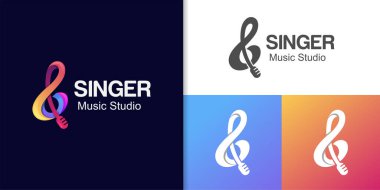 Ses kayıt stüdyosu, vokal kursu, besteci, şarkıcı müzik logosu tasarımı için mikrofon logosu olan vektör tasarımı üçlü anahtar müziği