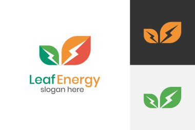 Yaprak sembol tasarımı ile Eko Enerji Vektörü Logosu, şimşek veya gök gürültüsü ikonu ile yeşil bio yaprak, doğal teknoloji için doğa elektrik yenilenebilir logosu