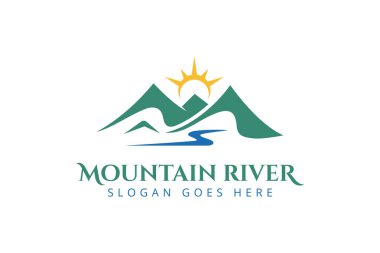 Mountain Peaks River Creek basit logo tasarımı güneş ikonu, Minimalist Peyzaj Tepeleri logo elementi
