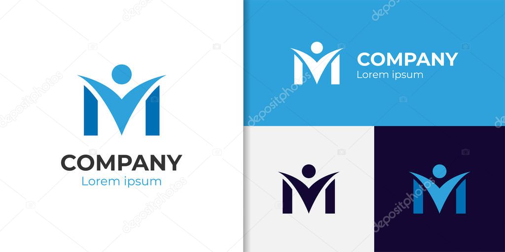 Initial letter M with happiness people modern logo design for corporate identity, brand, company logo element