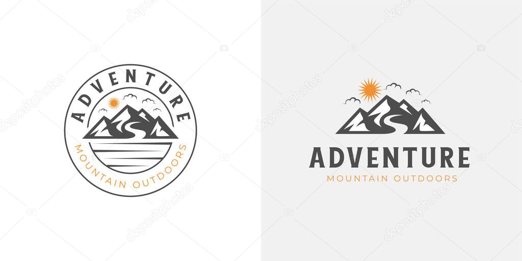 Mountain landscape with rocks at sunrise, Sea and Sun for Hipster Adventure Traveling logo can be used biker cross