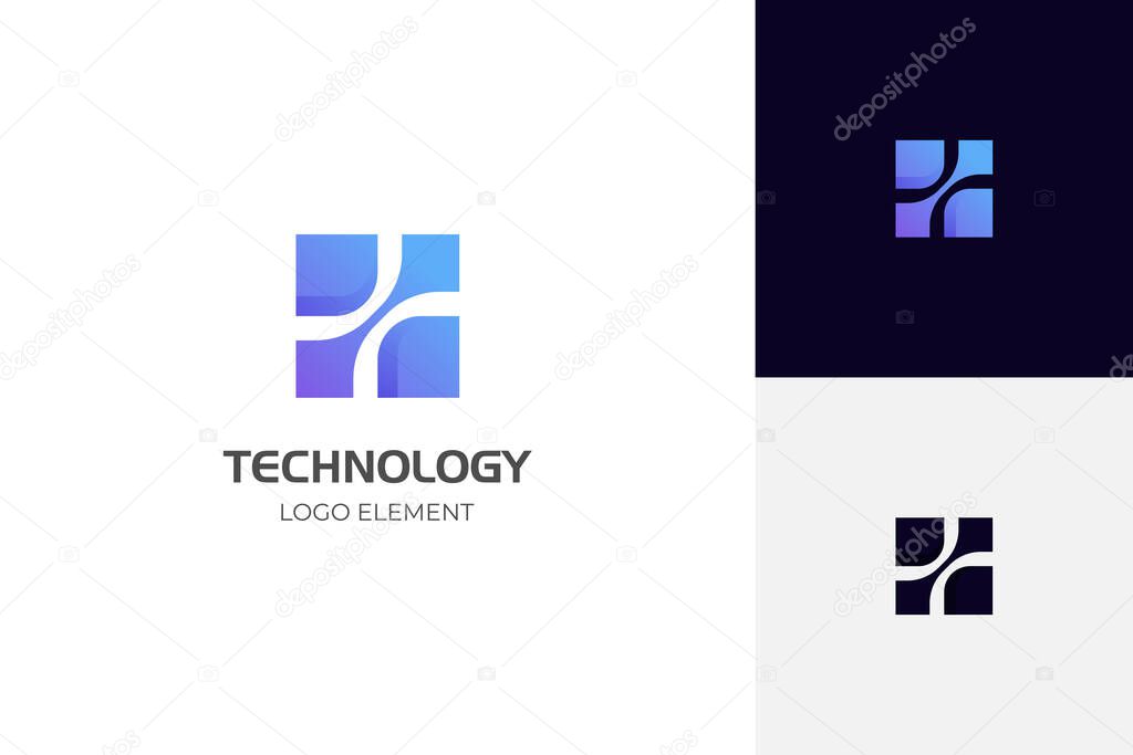 Processor chip computer logo, Atom connectivity square blue vector icon logo business technology gradient logo design
