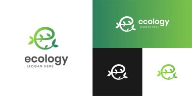 E harfi ekoloji logo ikonu tasarımı yaprak ya da doğa yeşil bitki grafik elementi, dünya günü logosu sembolü, doğa ürün etiketi