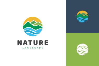 Peak River Creek logo vektör şablonu için dağ manzarası grafiksel elementi, dağlar Highland etiketi logosu