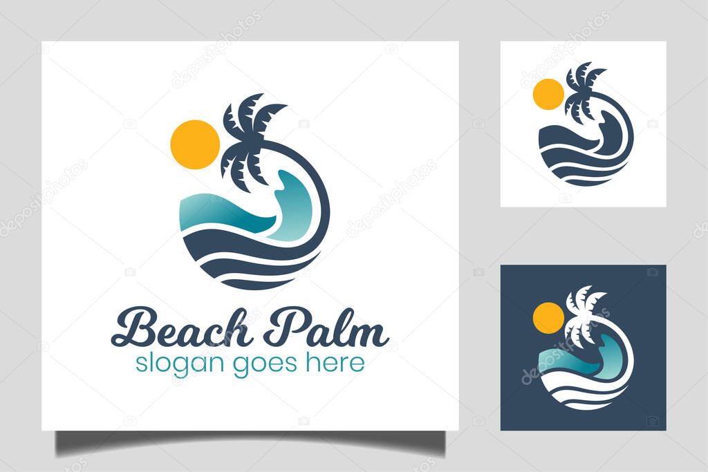Round water wave in ocean, beach palm tree logo design with sun symbol for vacation, holiday, summer icon vector
