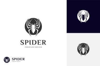 Siluet Örümcek logo tasarımı. Süper kahraman sembolü için daire şeklindeki grafik çizimi.