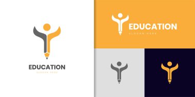 Eğitim için mutlu insanların sembolü olan kalem standı logo tasarımı, vektör okulu logo ögelerini öğrenme