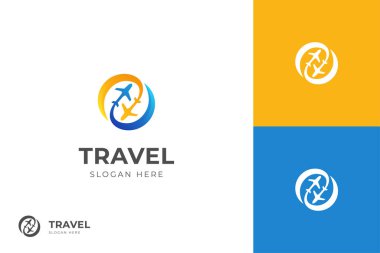 Modern ajans seyahat iş logosu ve uçak taşımacılığı grafik konsepti. dünya gezgini logosu kavramı