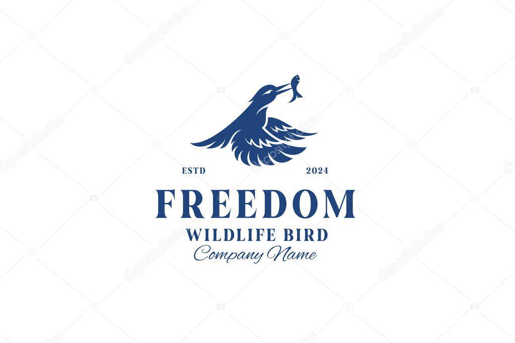 Freedom eagle prey Logo vintage style. silhouette Bird of prey fish vector illustration logo