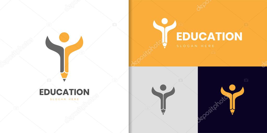 Pencil stand logo icon design with happy people symbol for education, learning vector school logo elements