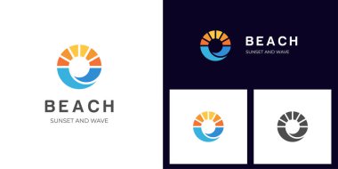 Soyut Dairesel Güneş ve Deniz Dalgası Logosu tasarımı. Düz Vektör Logosu Simge Elementleri