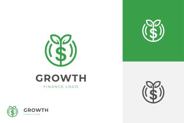 Money Grow logo simgesi tasarımı, yaprak filizi grafik element sembollü sikke, yatırım için imza, büyüme finansal vektör logosu şablonu