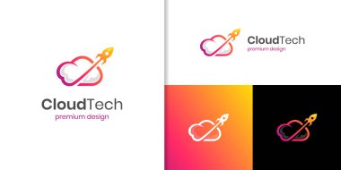 Dijital şablon teknolojisinin gradyan basit stili, illüstrasyon bulutu ve roket sembolü kavramına sahip roket bulut logo tasarımı