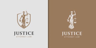 Avukat ve Hukuk için kalkan logosu tasarımı olan klasik Adalet Tanrıçası. Siluet Hukuk Firması Antik Logo şablonu