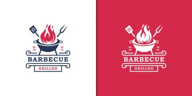 Barbekü restoranının klasik logo tasarımı. Izgara çatal ve spatula grafik elementleri Barbekü, Izgara ve Bar, BBBQ logo şablonu