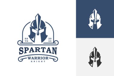 Spartalı savaşçı şövalye klasik rozet logosu tasarımı, antik zırh maskeli vektör logosu çizimi