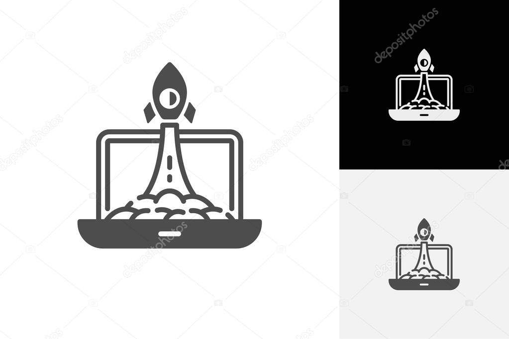 Laptop with rocket launch logo icon design for start up business launching logo symbol, target market signs, vector illustration