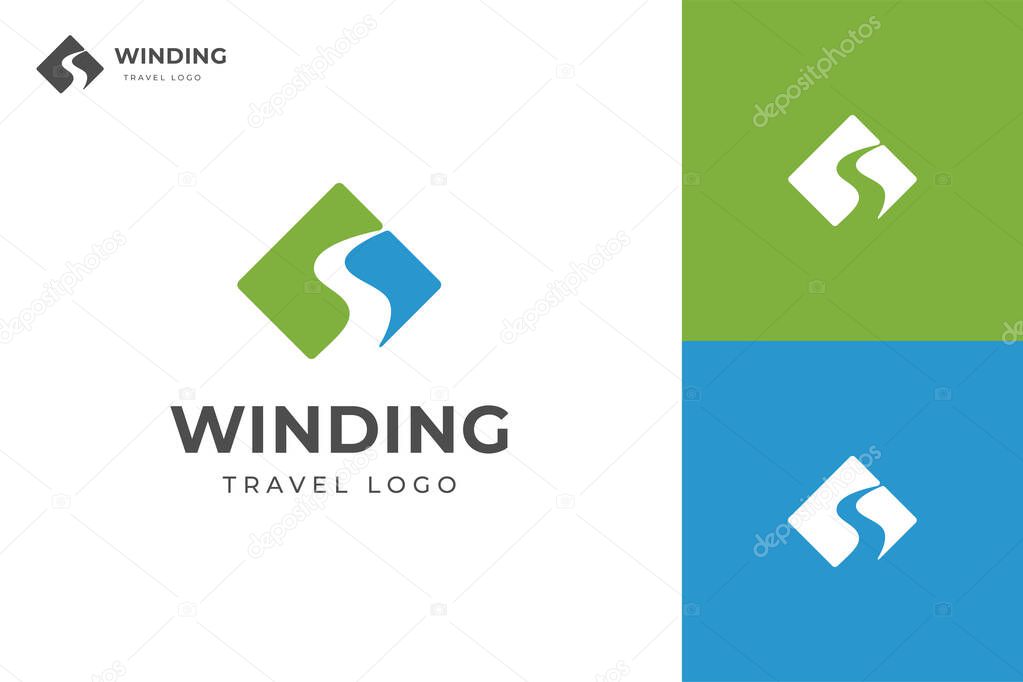 Winding road logo icon design with square and creek graphic idea for direction travel logo concept