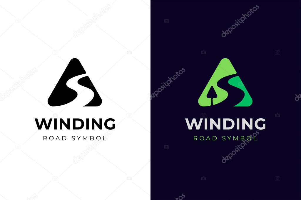 Winding road with triangle street logo icon design, vector direction travel symbol graphic concept for the traveler, tourism symbol