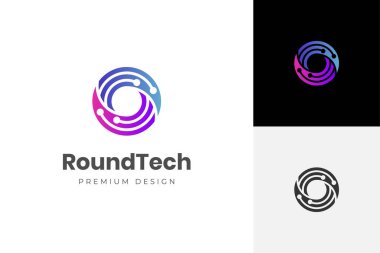 Daire teknisyeni logo ikonu tasarımını döndür. Global teknoloji vektör logosu illüstrasyonu için devre yuvarlak grafik fikri