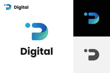 Hız teknolojisi sistemi ve marka kimlik logosu şablonu için nokta simgesi tasarımlı soyut D harfi