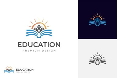 öğrenme, okuma, öğrenci gelişimi ve vektör logosu illüstrasyon sembolünü öğrenmede başarı için kitap ve öğrenci grafik fikri içeren eğitim logosu tasarımı