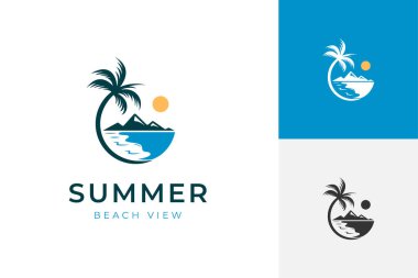 Tatil için doğa manzaralı plaj palmiyesi logosu tasarımı, yaz sembolü