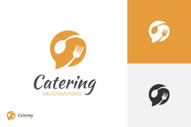 Çevrimiçi sipariş yiyecek logosu tasarımı, yemek servisi, yemek servisi vektör logosu şablonu için balonlu sohbet konsepti