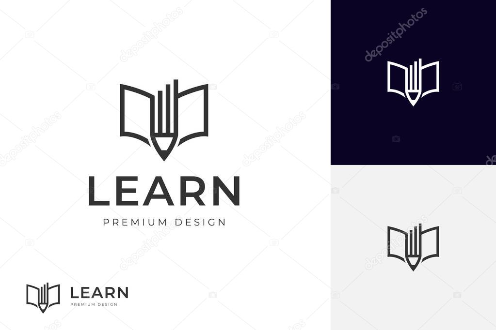 Education logo design. Abstract book and pencil vector illustration