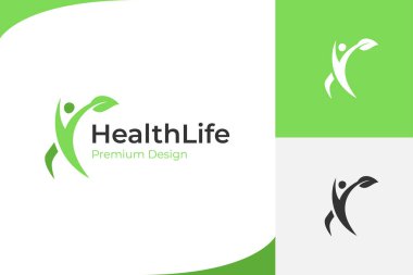 Yoga, fitness, medikal ve ekoloji logosu tasarımı için yaprak logosu tasarımı grafik sembolü olan sağlıklı yaşam insanları