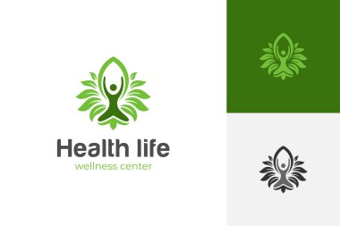 Yoga yaprağı logo tasarımı için sağlıklı bir hayat. Sağlık merkezi ve meditasyon logosu şablonu için yeşil yaprak büyüyen logo tasarımı