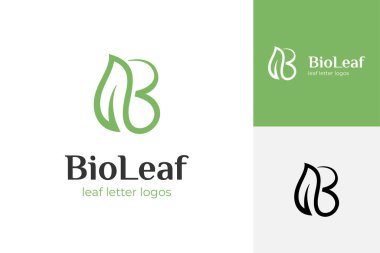 Biyolojik teknoloji doğa vektörü sembolü, diyet ve sağlıklı gıda logosu şablonu için çizgi biçimli biyo yaprak logo ikonu tasarımı için B harfi