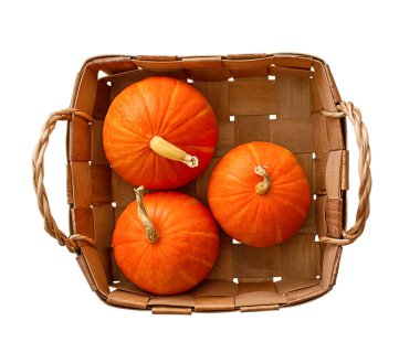 Beyaz arka planda izole edilmiş doğal malzemeden yapılmış ahşap bir sepetin içindeki balkabağı bileşimi