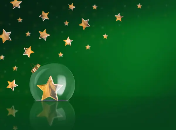 Yeşil arka planda noel balosu ve yıldızlar. Noel ve yeni yıl arkaplanı.