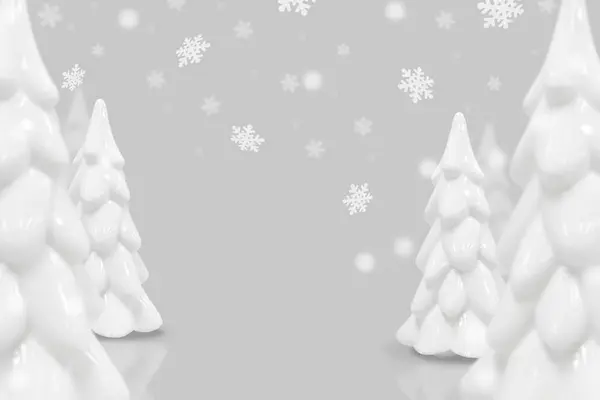 Beyaz ağaçlar ve kar taneleri olan Noel ve Yeni Yıl kartı bu ürün için kullanılabilir
