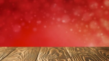 Kırsal ahşap masa, kırmızı arka plan, altın ışıklar ve bokeh