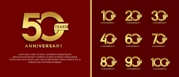 Özel an için kırmızı zemin üzerinde yıldönümü logosu tarzı altın renk seti